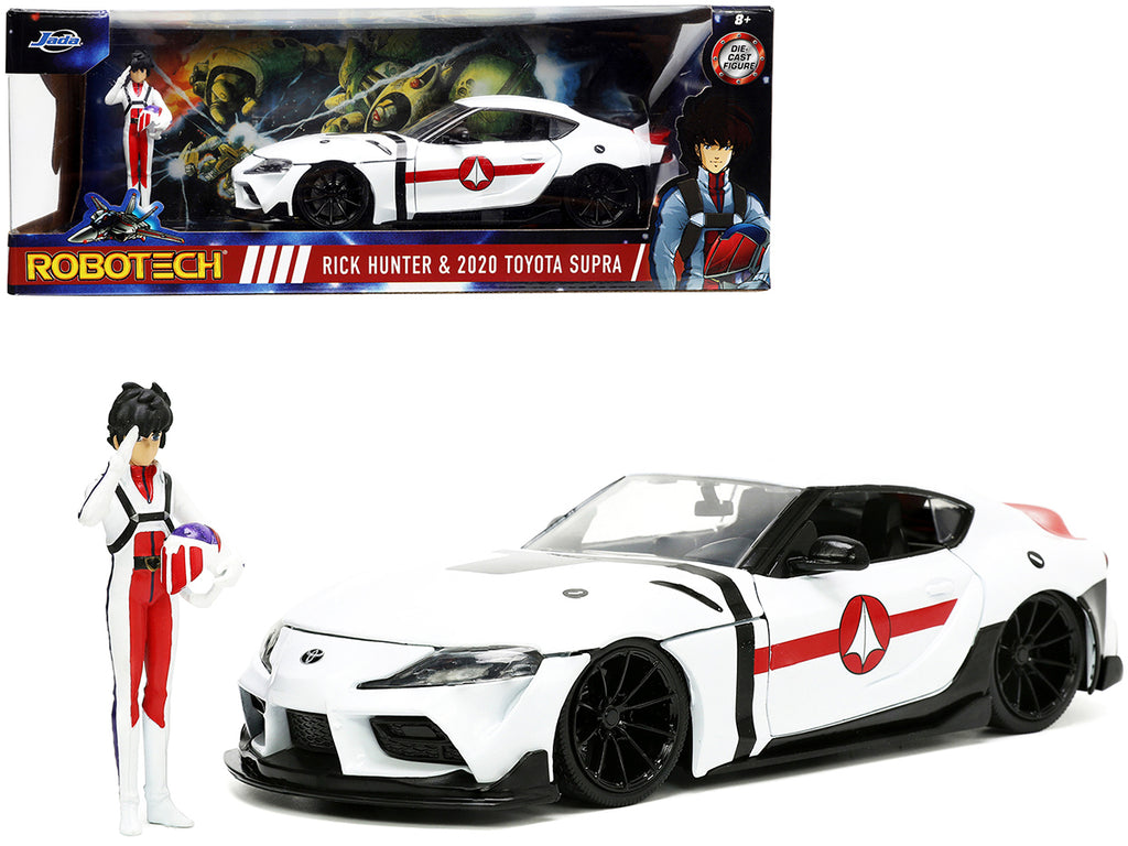 2020 Toyota Supra White and Rick Hunter Diecast Figurine 'Robotech' 'Hollywood Rides' Series 1/24 Diecast Model Car by Jada