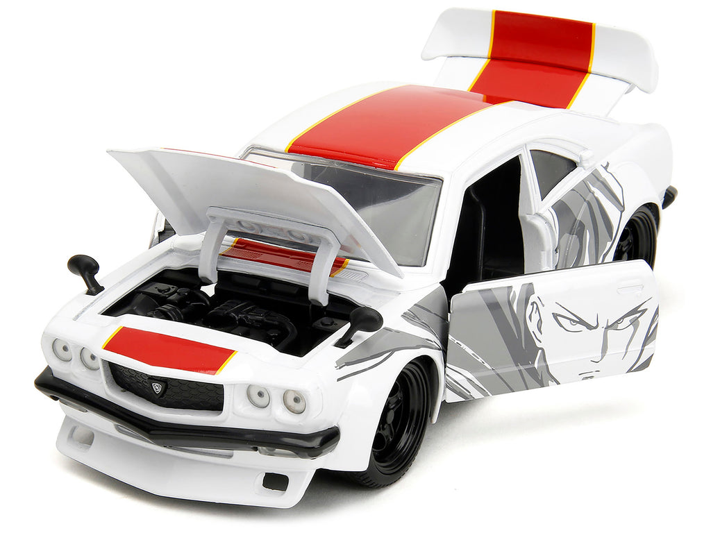 1974 Mazda RX-3 White with Red Stripe and Graphics and Saitama Diecast Figure 'One Punch Man' (2015-2019) TV Series 1/24 Diecast Model Car by Jada