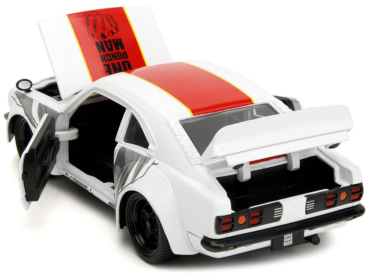 1974 Mazda RX-3 White with Red Stripe and Graphics and Saitama Diecast Figure 'One Punch Man' (2015-2019) TV Series 1/24 Diecast Model Car by Jada