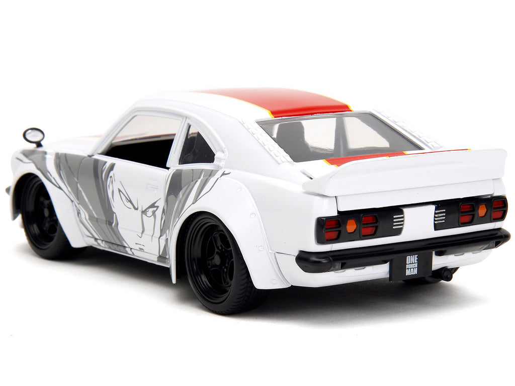 1974 Mazda RX-3 White with Red Stripe and Graphics and Saitama Diecast Figure 'One Punch Man' (2015-2019) TV Series 1/24 Diecast Model Car by Jada
