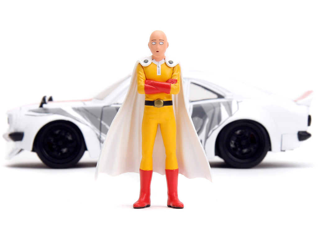 1974 Mazda RX-3 White with Red Stripe and Graphics and Saitama Diecast Figure 'One Punch Man' (2015-2019) TV Series 1/24 Diecast Model Car by Jada