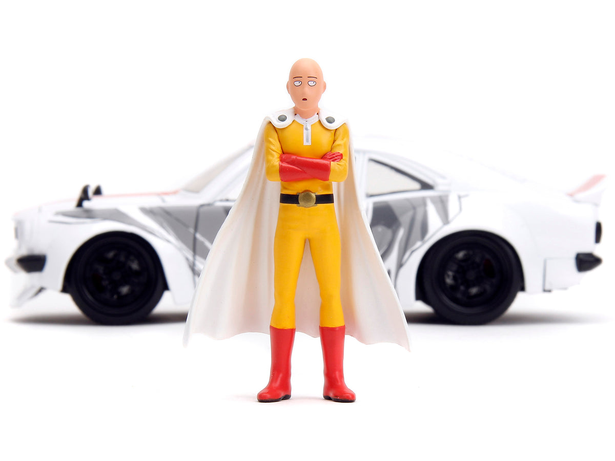 1974 Mazda RX-3 White with Red Stripe and Graphics and Saitama Diecast Figure 'One Punch Man' (2015-2019) TV Series 1/24 Diecast Model Car by Jada
