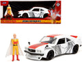 1974 Mazda RX-3 White with Red Stripe and Graphics and Saitama Diecast Figure 'One Punch Man' (2015-2019) TV Series 1/24 Diecast Model Car by Jada