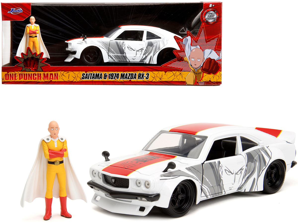 1974 Mazda RX-3 White with Red Stripe and Graphics and Saitama Diecast Figure 'One Punch Man' (2015-2019) TV Series 1/24 Diecast Model Car by Jada