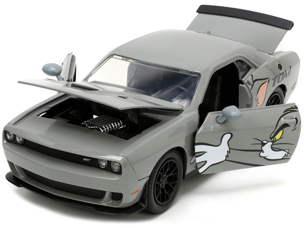 2015 Dodge Challenger Hellcat Gray with 'Tom' Graphics and Jerry Diecast Figure 'Tom and Jerry' 'Hollywood Rides' Series 1/24 Diecast Model Car by Jada