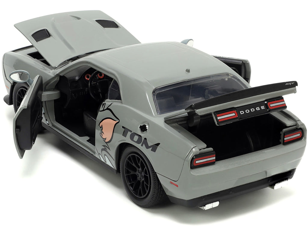 2015 Dodge Challenger Hellcat Gray with 'Tom' Graphics and Jerry Diecast Figure 'Tom and Jerry' 'Hollywood Rides' Series 1/24 Diecast Model Car by Jada