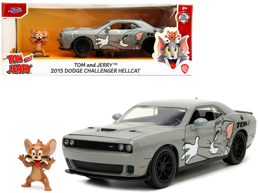 2015 Dodge Challenger Hellcat Gray with 'Tom' Graphics and Jerry Diecast Figure 'Tom and Jerry' 'Hollywood Rides' Series 1/24 Diecast Model Car by Jada