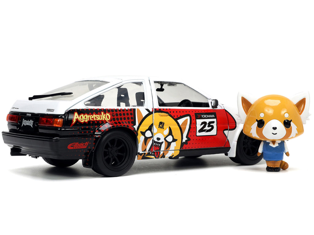 1986 Toyota Trueno (AE86) RHD (Right Hand Drive) #25 White with Graphics and Aggretsuko Diecast Figure 'Aggretsuko' 'Anime Hollywood Rides' Series 1/24 Diecast Model Car by Jada