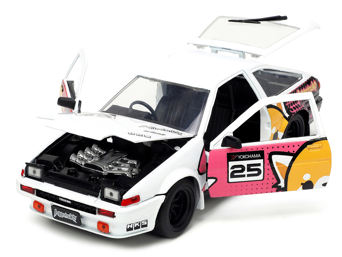 1986 Toyota Trueno (AE86) RHD (Right Hand Drive) #25 White with Graphics and Aggretsuko Diecast Figure 'Aggretsuko' 'Anime Hollywood Rides' Series 1/24 Diecast Model Car by Jada
