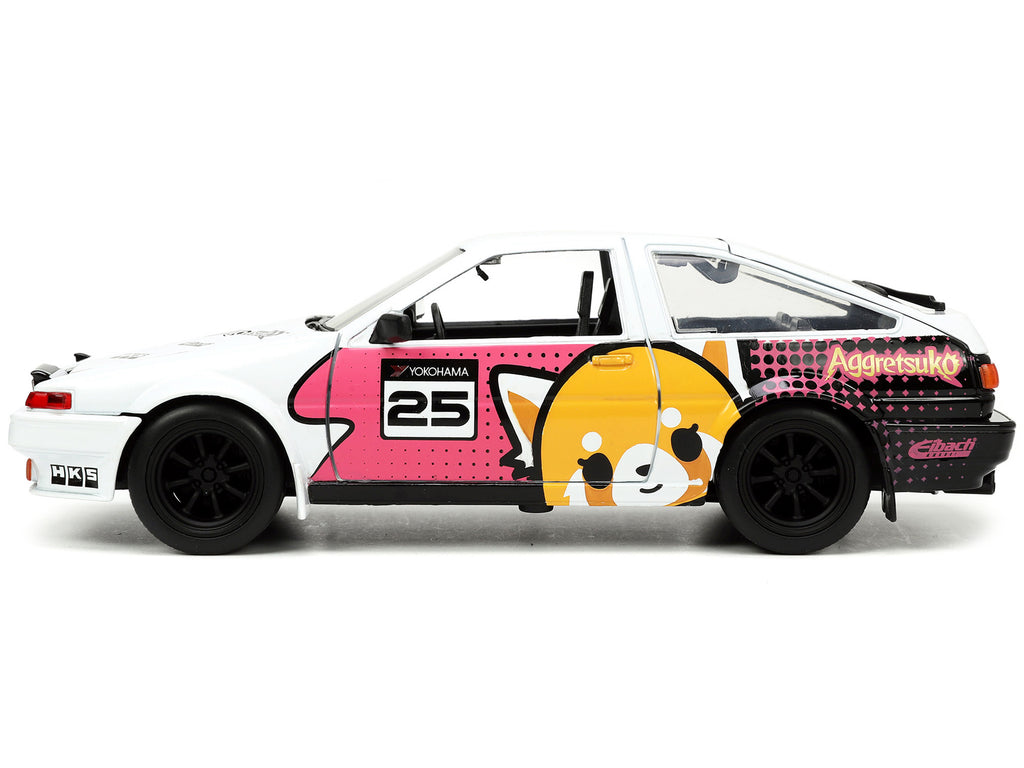 1986 Toyota Trueno (AE86) RHD (Right Hand Drive) #25 White with Graphics and Aggretsuko Diecast Figure 'Aggretsuko' 'Anime Hollywood Rides' Series 1/24 Diecast Model Car by Jada