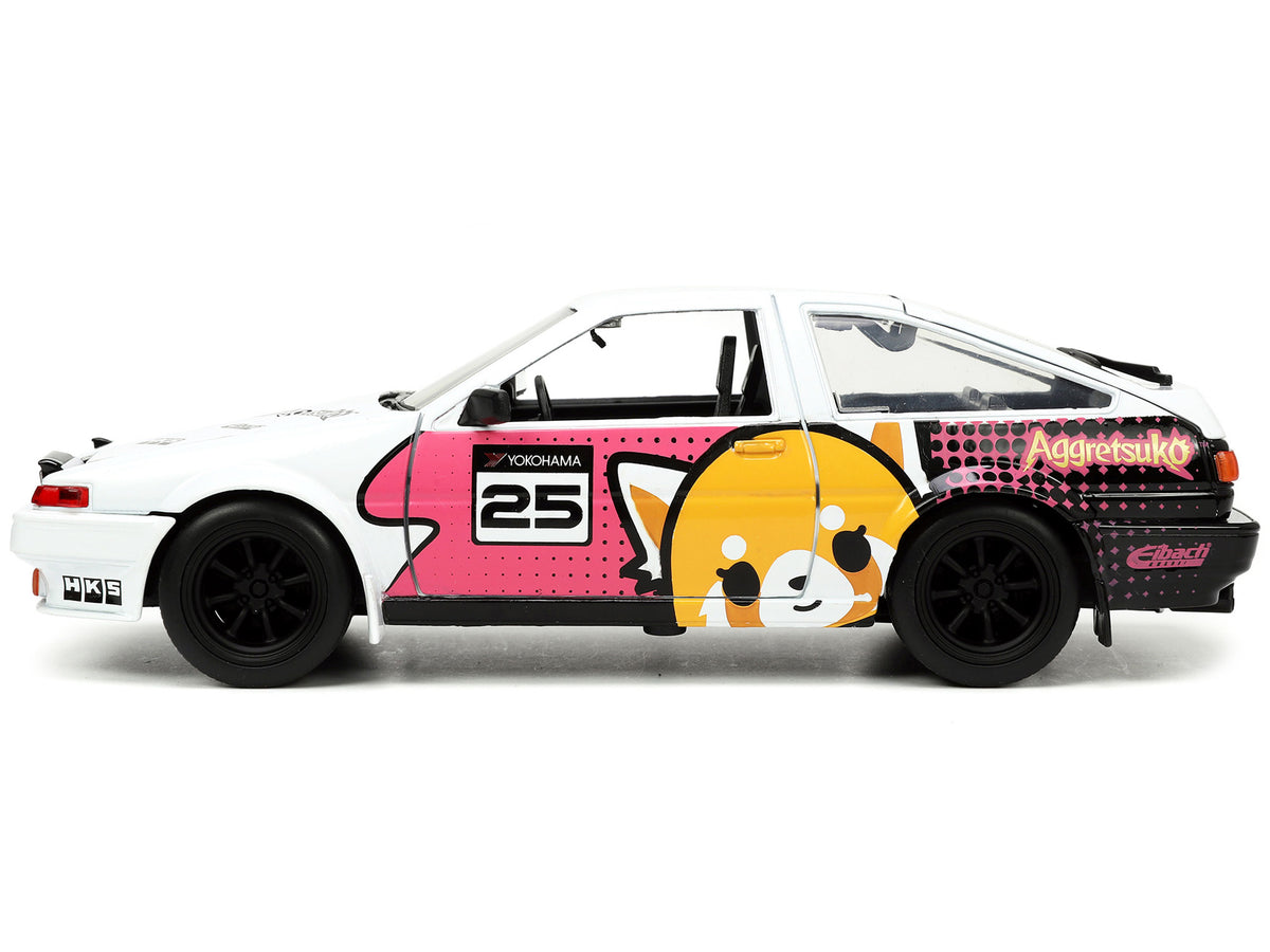 1986 Toyota Trueno (AE86) RHD (Right Hand Drive) #25 White with Graphics and Aggretsuko Diecast Figure 'Aggretsuko' 'Anime Hollywood Rides' Series 1/24 Diecast Model Car by Jada