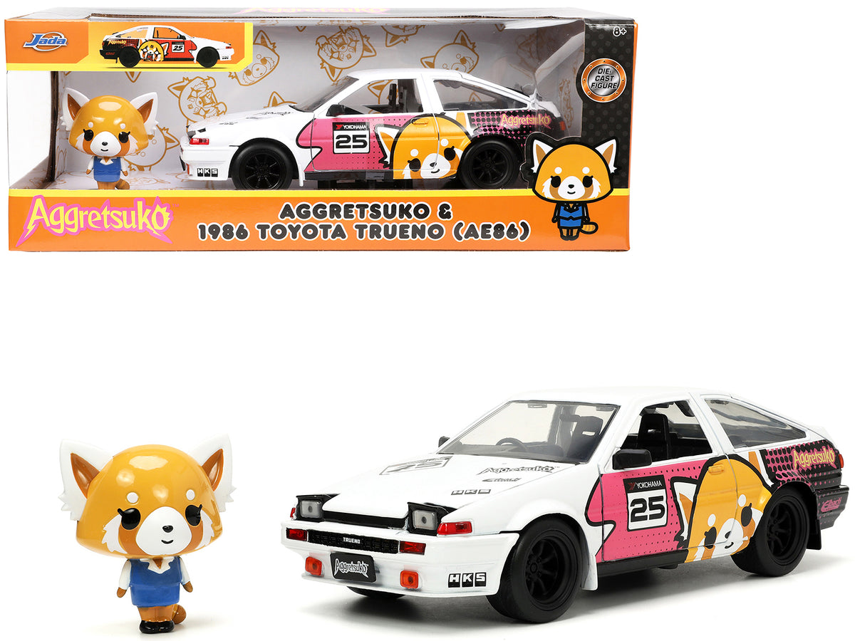 1986 Toyota Trueno (AE86) RHD (Right Hand Drive) #25 White with Graphics and Aggretsuko Diecast Figure 'Aggretsuko' 'Anime Hollywood Rides' Series 1/24 Diecast Model Car by Jada