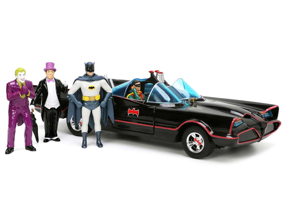 1966 Classic Batmobile with Diecast Batman The Joker The Penguin and Plastic Robin Sitting Inside The Car 'Batman' TV Series (1966) 'Hollywood Rides' Series 1/24 Diecast Model Car by Jada