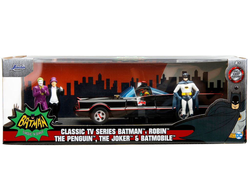 1966 Classic Batmobile with Diecast Batman The Joker The Penguin and Plastic Robin Sitting Inside The Car 'Batman' TV Series (1966) 'Hollywood Rides' Series 1/24 Diecast Model Car by Jada