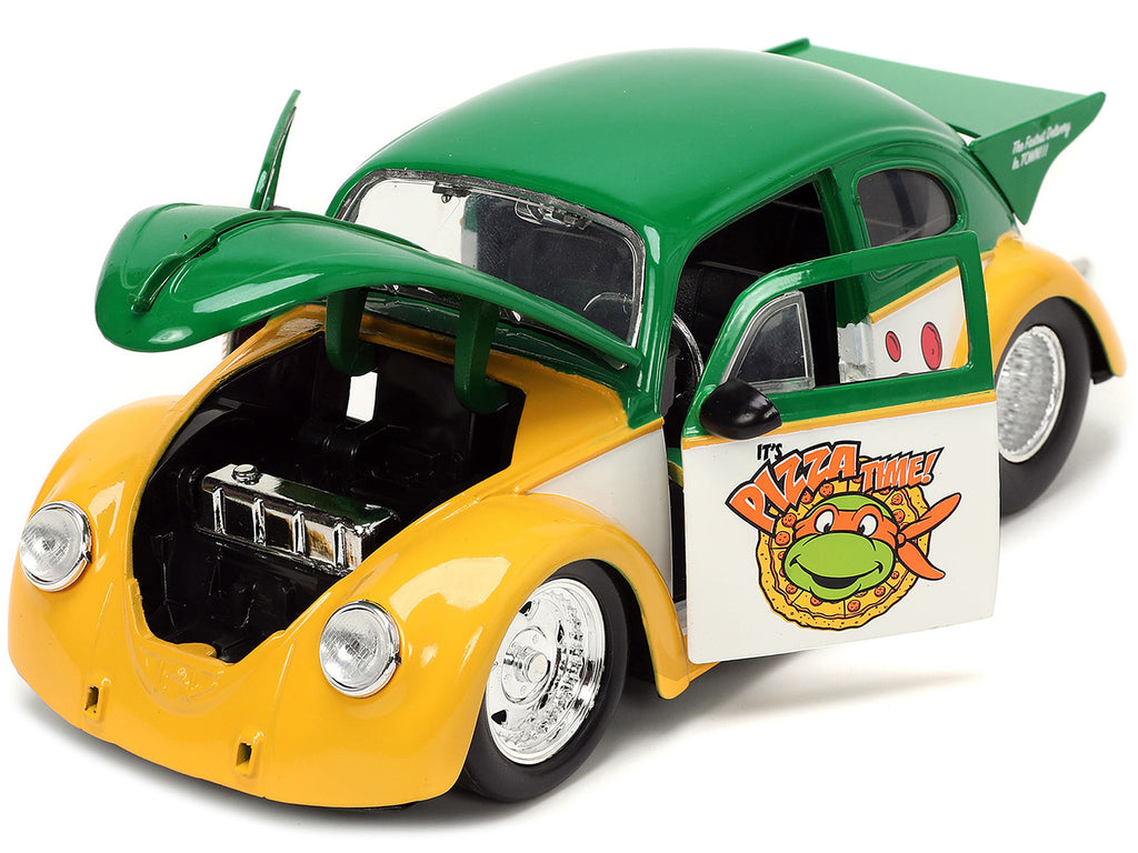 1959 Volkswagen Drag Beetle Green and Yellow and Michelangelo Diecast Figure 'Teenage Mutant Ninja Turtles' 'Hollywood Rides' Series 1/24 Diecast Model Car by Jada