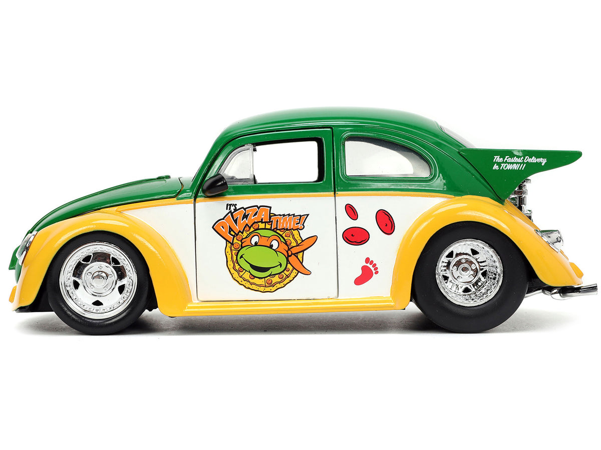 1959 Volkswagen Drag Beetle Green and Yellow and Michelangelo Diecast Figure 'Teenage Mutant Ninja Turtles' 'Hollywood Rides' Series 1/24 Diecast Model Car by Jada