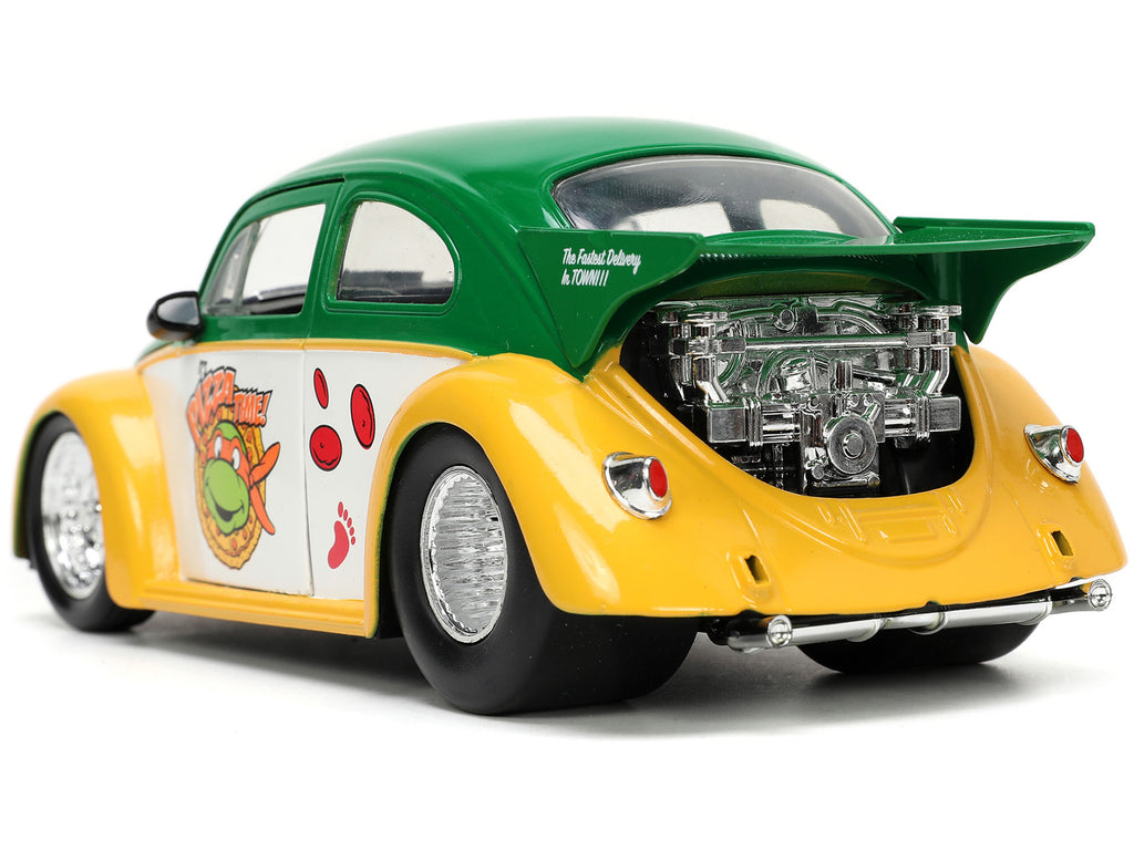 1959 Volkswagen Drag Beetle Green and Yellow and Michelangelo Diecast Figure 'Teenage Mutant Ninja Turtles' 'Hollywood Rides' Series 1/24 Diecast Model Car by Jada
