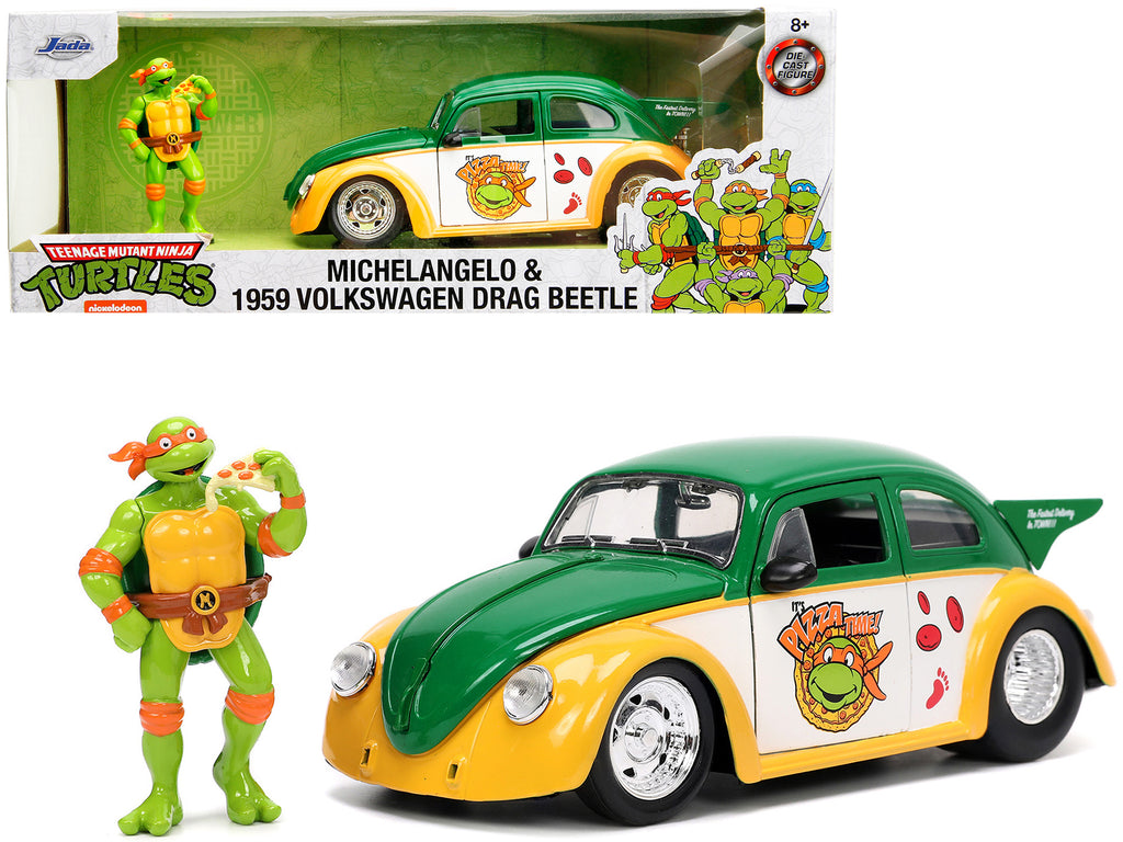 1959 Volkswagen Drag Beetle Green and Yellow and Michelangelo Diecast Figure 'Teenage Mutant Ninja Turtles' 'Hollywood Rides' Series 1/24 Diecast Model Car by Jada