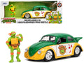 1959 Volkswagen Drag Beetle Green and Yellow and Michelangelo Diecast Figure 'Teenage Mutant Ninja Turtles' 'Hollywood Rides' Series 1/24 Diecast Model Car by Jada