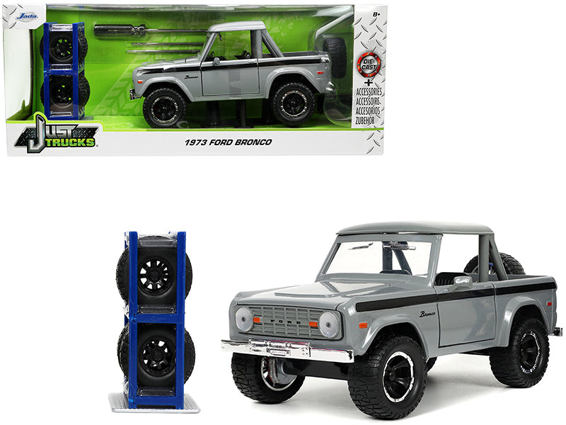 1973 Ford Bronco Pickup Truck Gray with Black Stripes with Extra Wheels 'Just Trucks' Series 1/24 Diecast Model Car by Jada