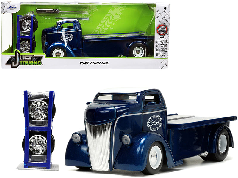 1947 Ford COE Flatbed Truck Dark Blue Metallic with White Top 'The Famous Motor Cars' with Extra Wheels 'Just Trucks' Series 1/24 Diecast Model by Jada