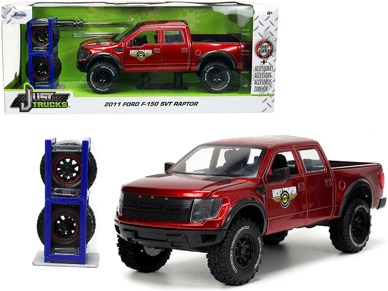 2011 Ford F-150 SVT Raptor Pickup Truck Candy Red Metallic 'Mickey Thompson Tires & Wheels' with Extra Wheels 'Just Trucks' Series 1/24 Diecast Model Car by Jada