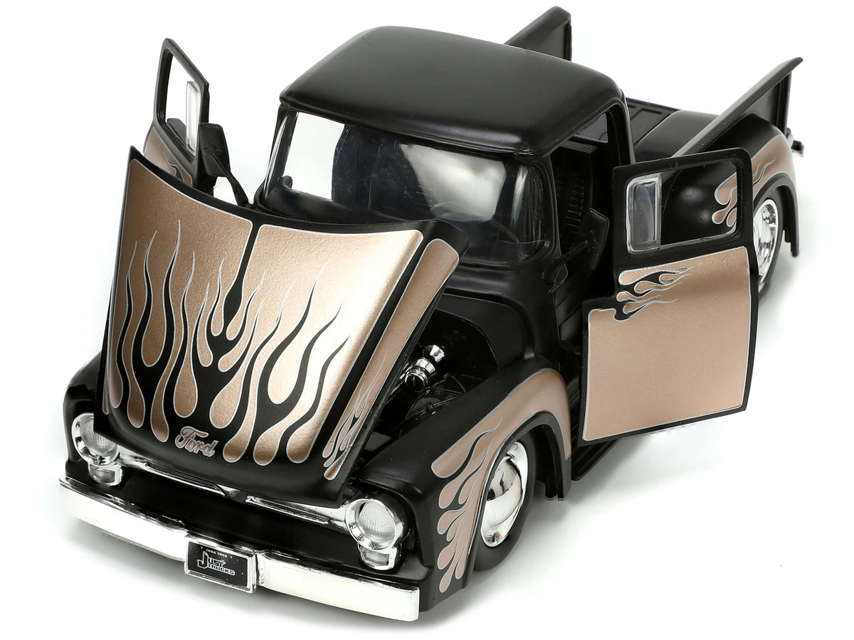1956 Ford F-100 Pickup Truck Matt Black and Champagne with Flames with Extra Wheels 'Just Trucks' Series 1/24 Diecast Model Car by Jada