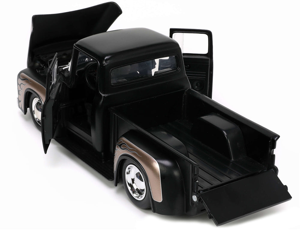 1956 Ford F-100 Pickup Truck Matt Black and Champagne with Flames with Extra Wheels 'Just Trucks' Series 1/24 Diecast Model Car by Jada