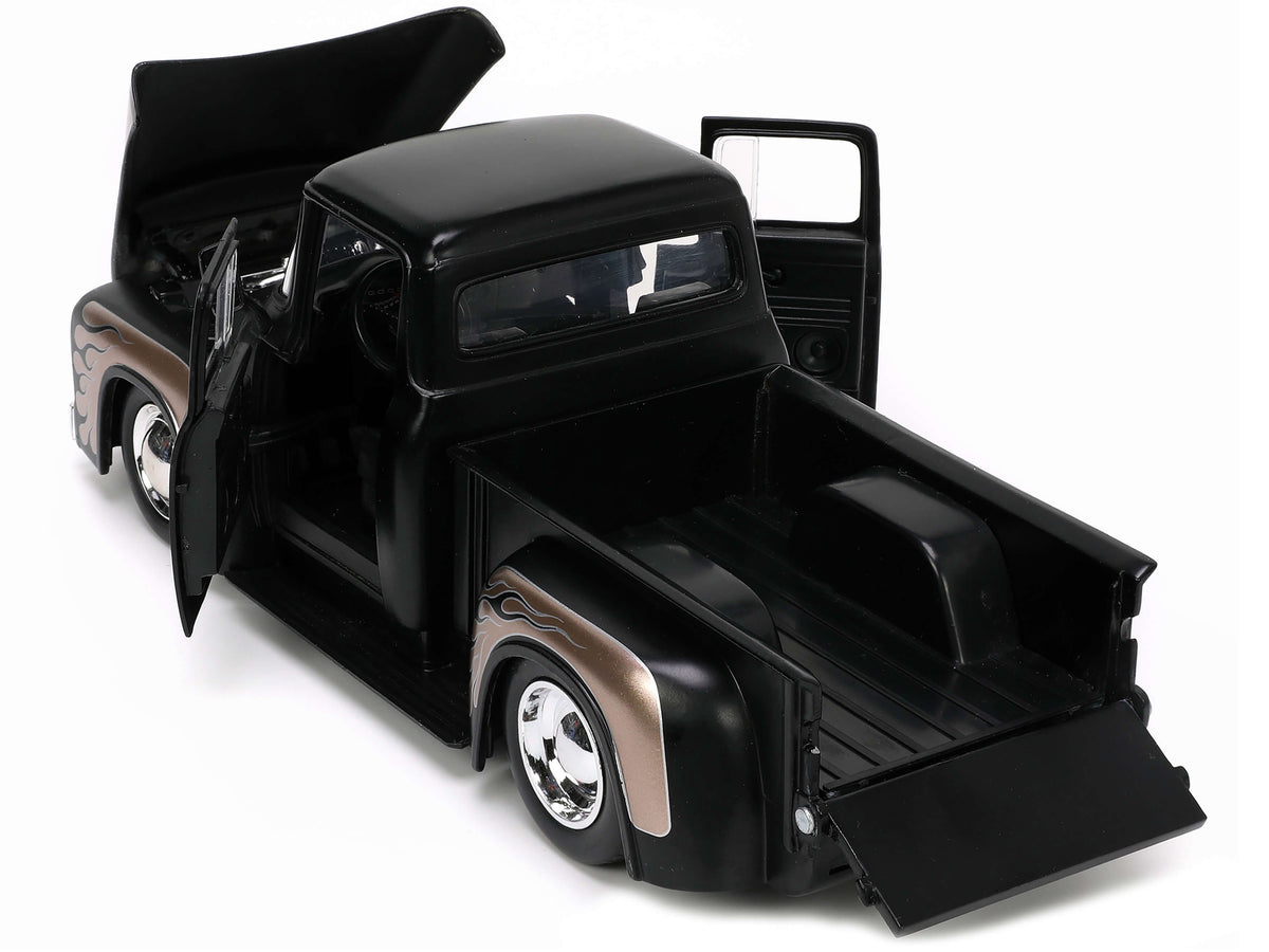 1956 Ford F-100 Pickup Truck Matt Black and Champagne with Flames with Extra Wheels 'Just Trucks' Series 1/24 Diecast Model Car by Jada