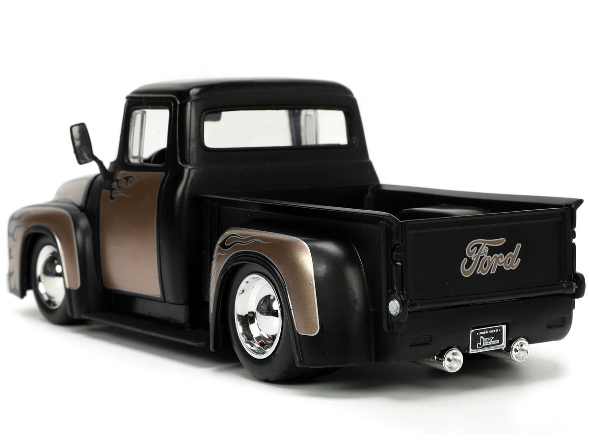 1956 Ford F-100 Pickup Truck Matt Black and Champagne with Flames with Extra Wheels 'Just Trucks' Series 1/24 Diecast Model Car by Jada