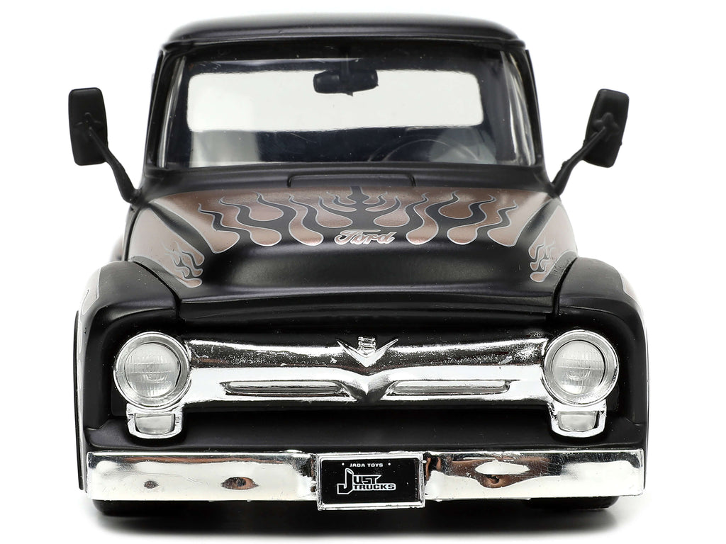 1956 Ford F-100 Pickup Truck Matt Black and Champagne with Flames with Extra Wheels 'Just Trucks' Series 1/24 Diecast Model Car by Jada