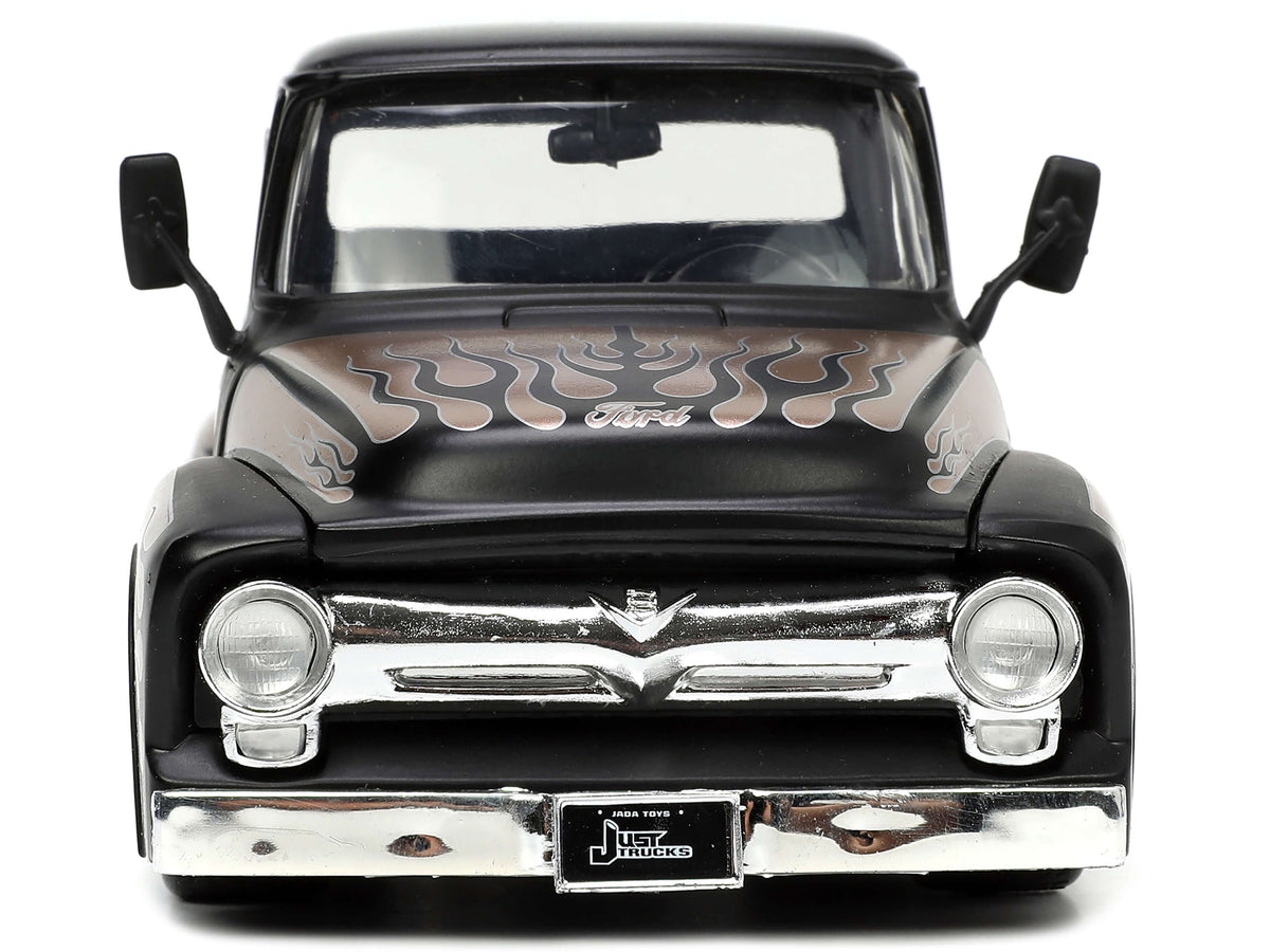 1956 Ford F-100 Pickup Truck Matt Black and Champagne with Flames with Extra Wheels 'Just Trucks' Series 1/24 Diecast Model Car by Jada
