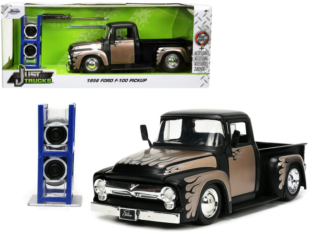1956 Ford F-100 Pickup Truck Matt Black and Champagne with Flames with Extra Wheels 'Just Trucks' Series 1/24 Diecast Model Car by Jada