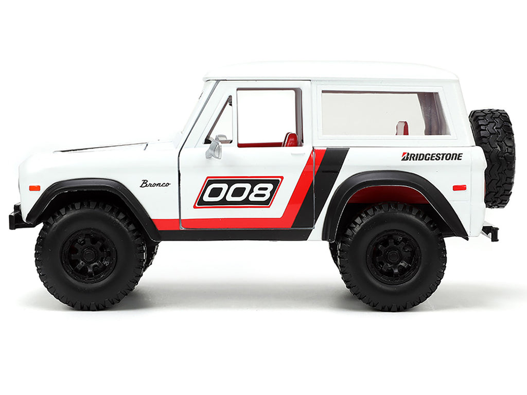 1973 Ford Bronco #008 White with Red and Black Stripes and Red Interior with Extra Wheels 'Just Trucks' Series 1/24 Diecast Model Car by Jada