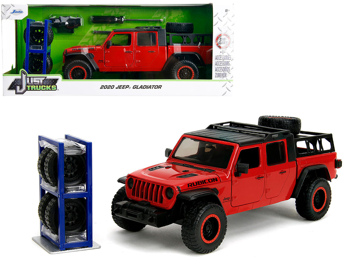 2020 Jeep Gladiator Rubicon Pickup Truck Red with Black Top and Extra Wheels 'Just Trucks' Series 1/24 Diecast Model Car by Jada
