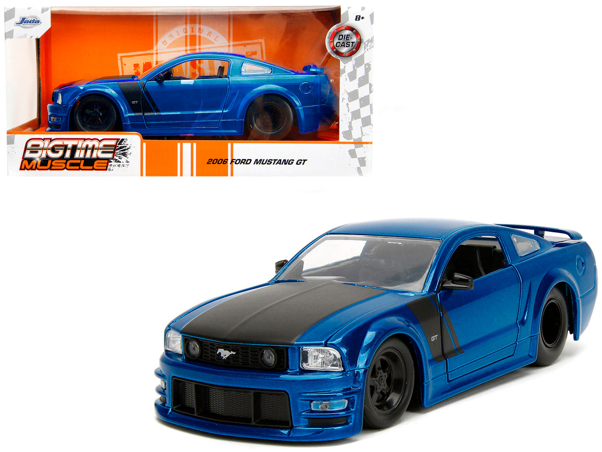 2006 Ford Mustang GT Blue Metallic with Matt Black Hood and Stripes 'Bigtime Muscle' Series 1/24 Diecast Model Car by Jada