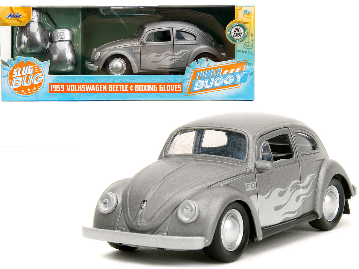 1959 Volkswagen Beetle Gray Metallic with Silver Flames and Boxing Gloves Accessory 'Punch Buggy' Series 1/32 Diecast Model Car by Jada