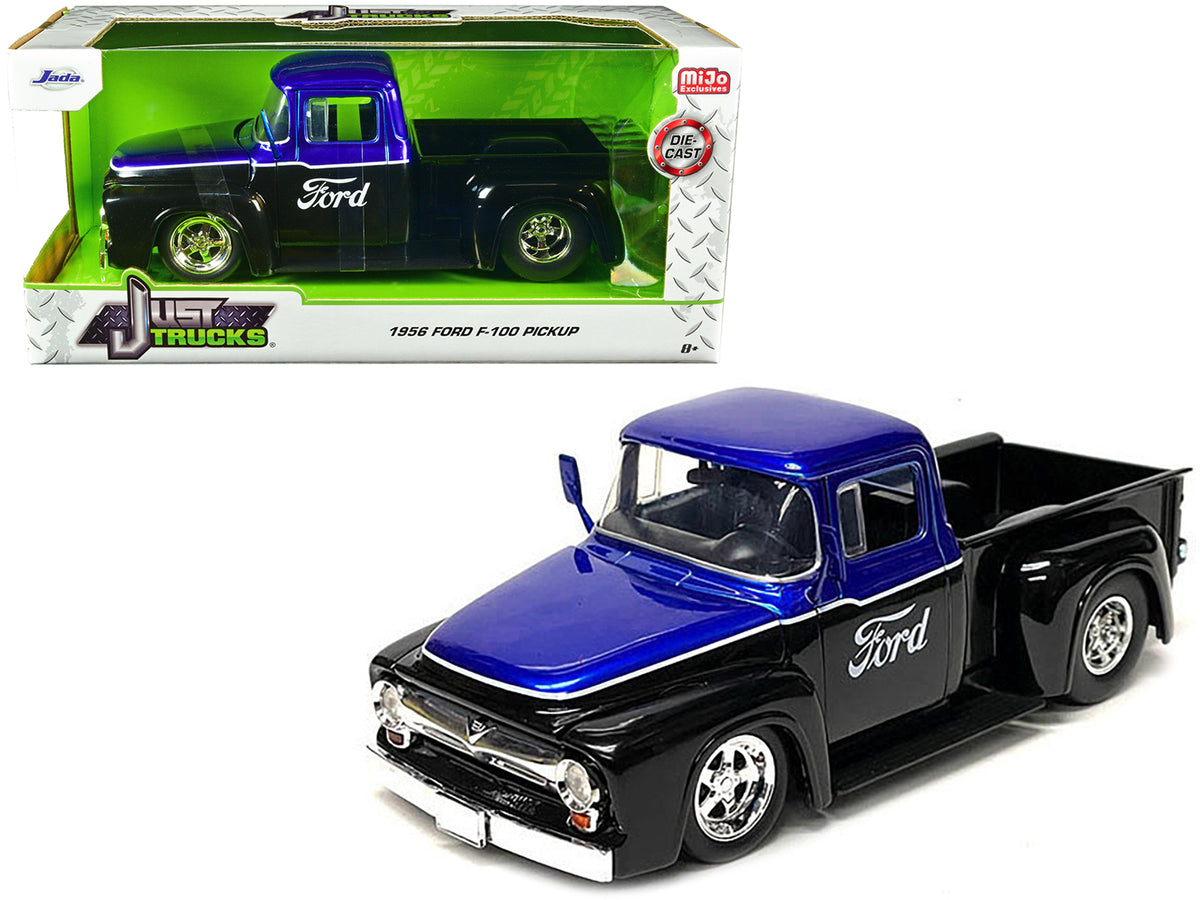 1956 Ford F-100 Pickup Truck Black and Blue Metallic with Ford Graphics 'Just Trucks' Series 1/24 Diecast Model Car by Jada