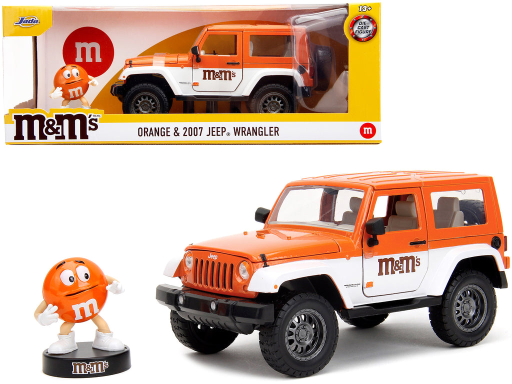 2007 Jeep Wrangler Orange Metallic and White and Orange M&M Diecast Figure 'M&M's' 'Hollywood Rides' Series 1/24 Diecast Model Car by Jada