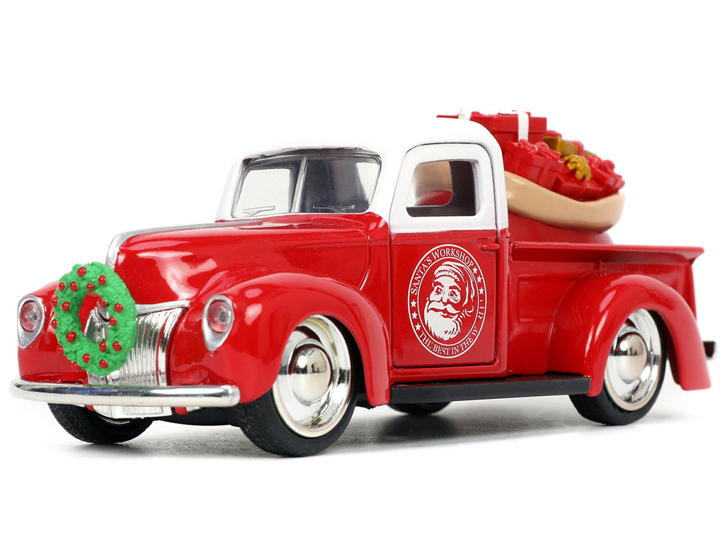1941 Ford Pickup Truck Red and White 'Santa's Workshop' and 1957 Chevrolet Bel Air Red Metallic and White 'Express 25' with Mr. and Mrs. Santa Claus Diecast Figures 'Holiday Rides' Series 1/32 Diecast Model Cars by Jada