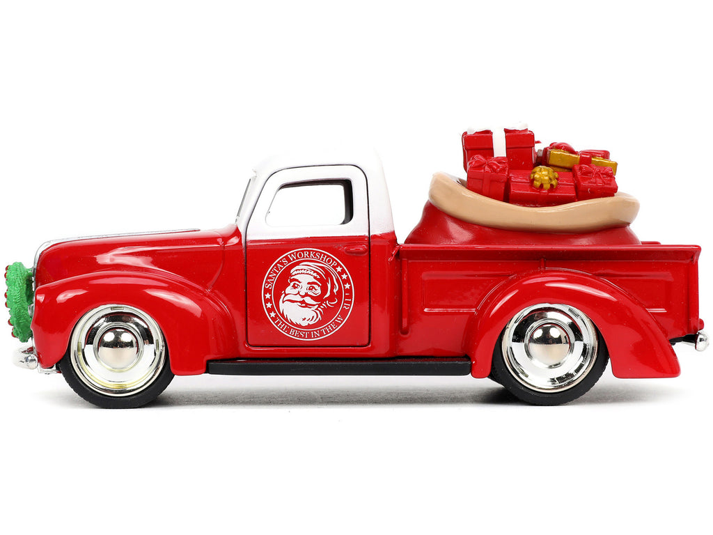 1941 Ford Pickup Truck Red and White 'Santa's Workshop' and 1957 Chevrolet Bel Air Red Metallic and White 'Express 25' with Mr. and Mrs. Santa Claus Diecast Figures 'Holiday Rides' Series 1/32 Diecast Model Cars by Jada