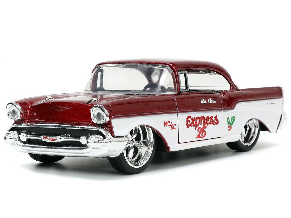 1941 Ford Pickup Truck Red and White 'Santa's Workshop' and 1957 Chevrolet Bel Air Red Metallic and White 'Express 25' with Mr. and Mrs. Santa Claus Diecast Figures 'Holiday Rides' Series 1/32 Diecast Model Cars by Jada