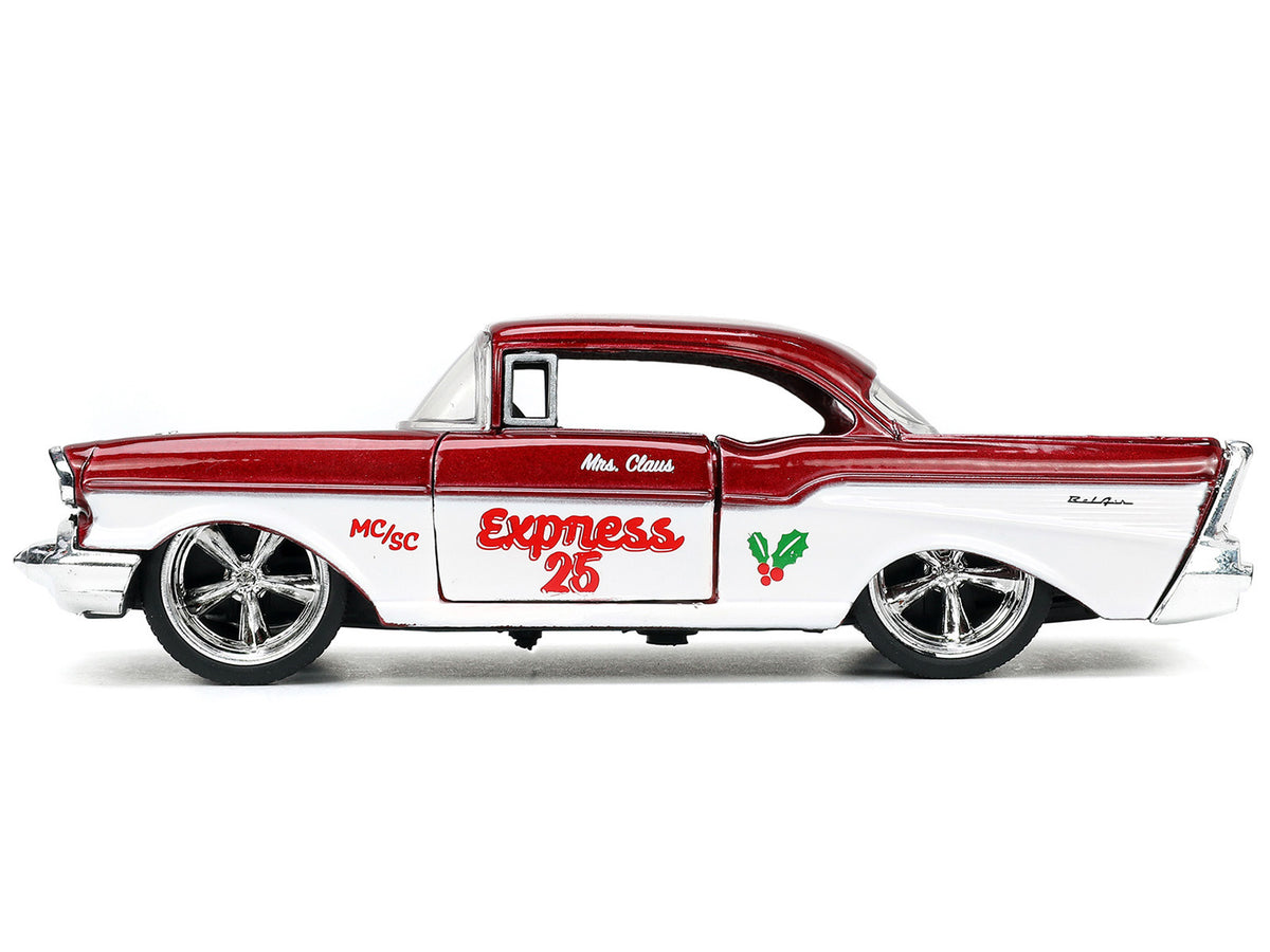 1941 Ford Pickup Truck Red and White 'Santa's Workshop' and 1957 Chevrolet Bel Air Red Metallic and White 'Express 25' with Mr. and Mrs. Santa Claus Diecast Figures 'Holiday Rides' Series 1/32 Diecast Model Cars by Jada