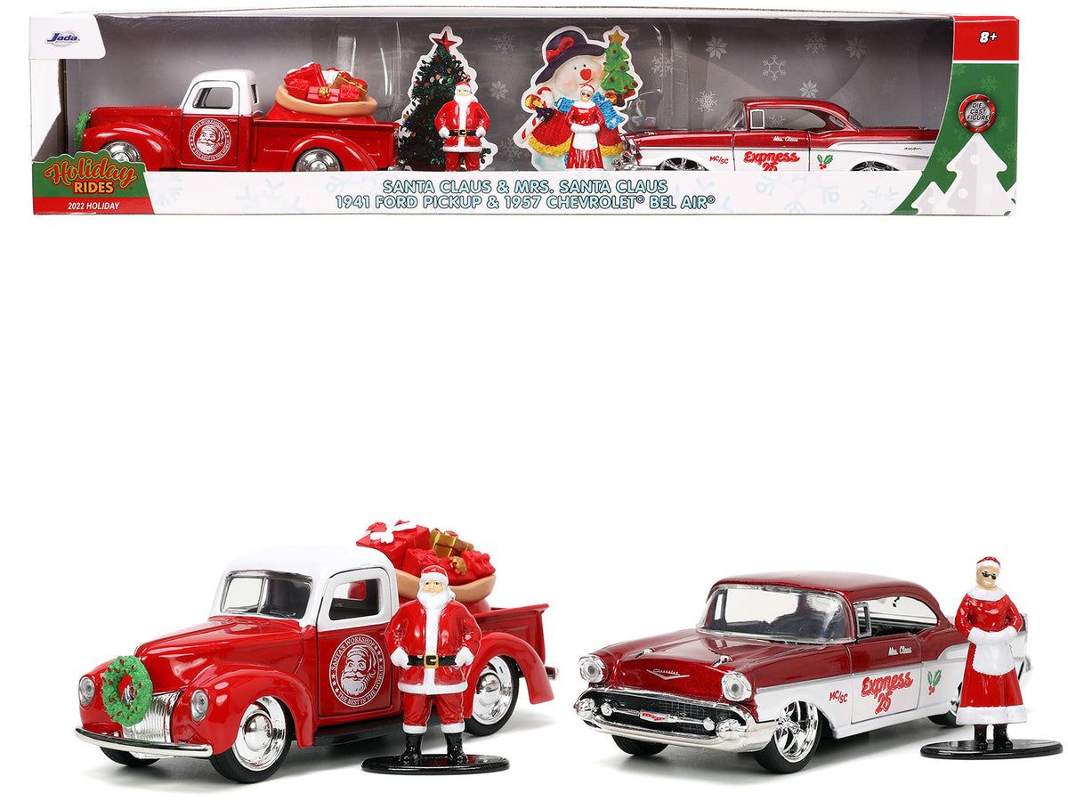 1941 Ford Pickup Truck Red and White 'Santa's Workshop' and 1957 Chevrolet Bel Air Red Metallic and White 'Express 25' with Mr. and Mrs. Santa Claus Diecast Figures 'Holiday Rides' Series 1/32 Diecast Model Cars by Jada