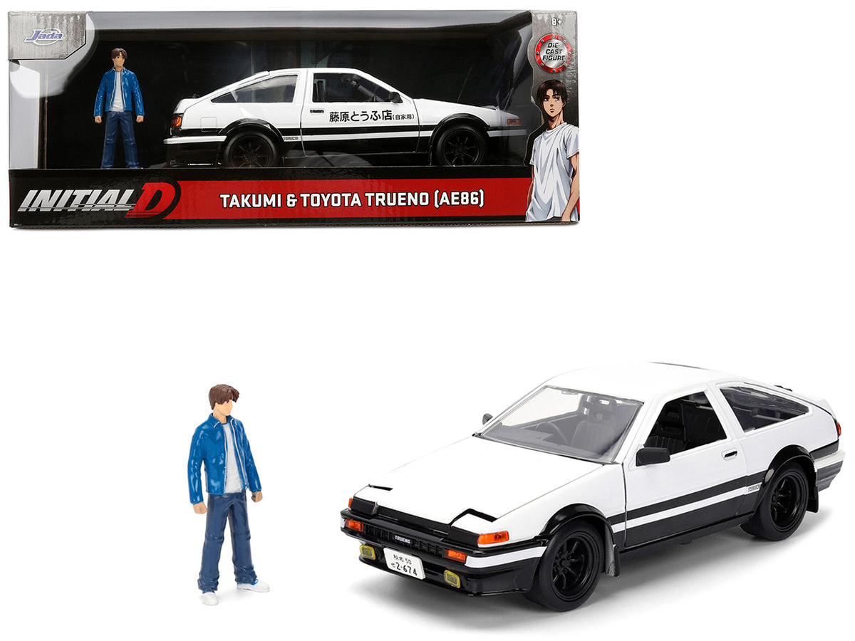 Toyota Trueno (AE86) RHD (Right Hand Drive) White and Black with Graphics and Takumi Diecast Figure 'Initial D' (1998-2021) TV Series 'Anime Hollywood Rides' Series 1/24 Diecast Model by Jada