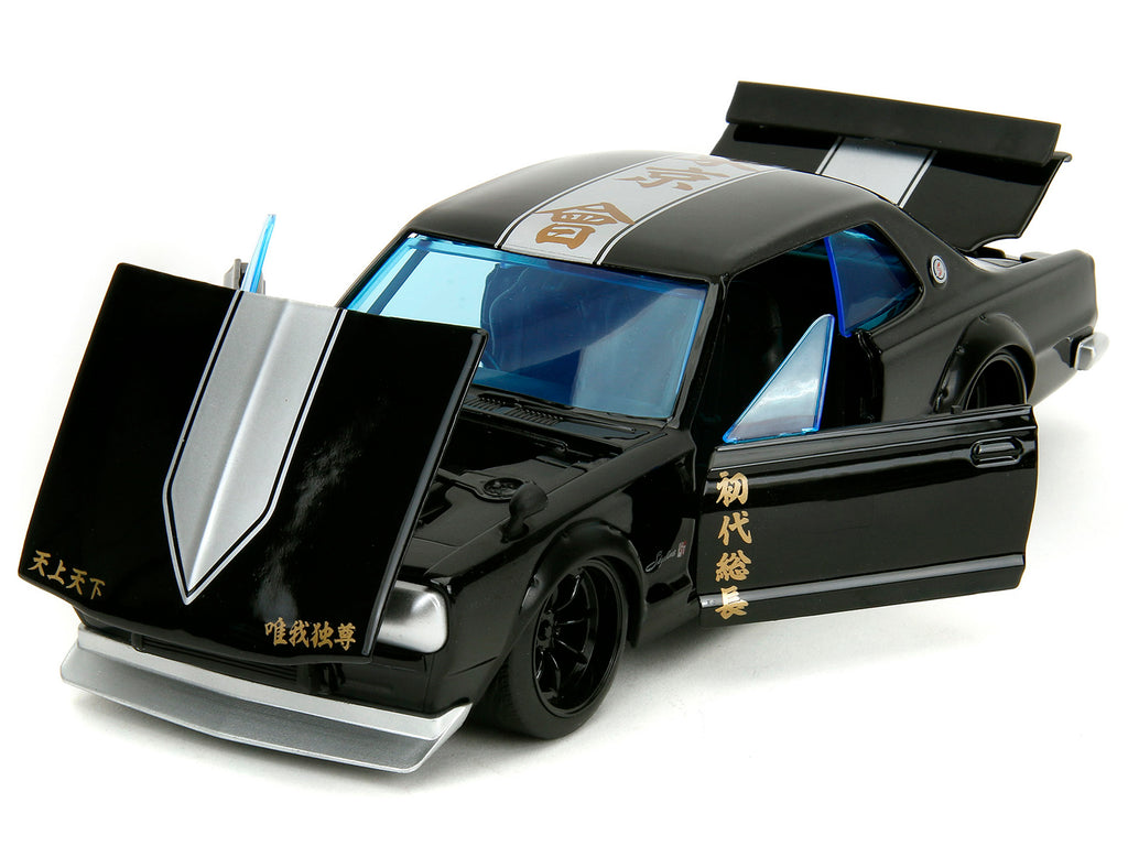 1971 Nissan Skyline GT-R RHD (Right Hand Drive) Black with Silver Stripe and Mikey Diecast Figure 'Tokyo Revengers' (2021) TV Series 'Anime Hollywood Rides' Series 1/24 Diecast Model Car by Jada