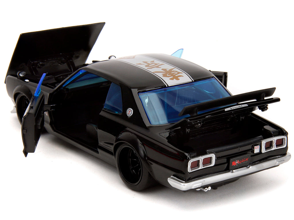 1971 Nissan Skyline GT-R RHD (Right Hand Drive) Black with Silver Stripe and Mikey Diecast Figure 'Tokyo Revengers' (2021) TV Series 'Anime Hollywood Rides' Series 1/24 Diecast Model Car by Jada