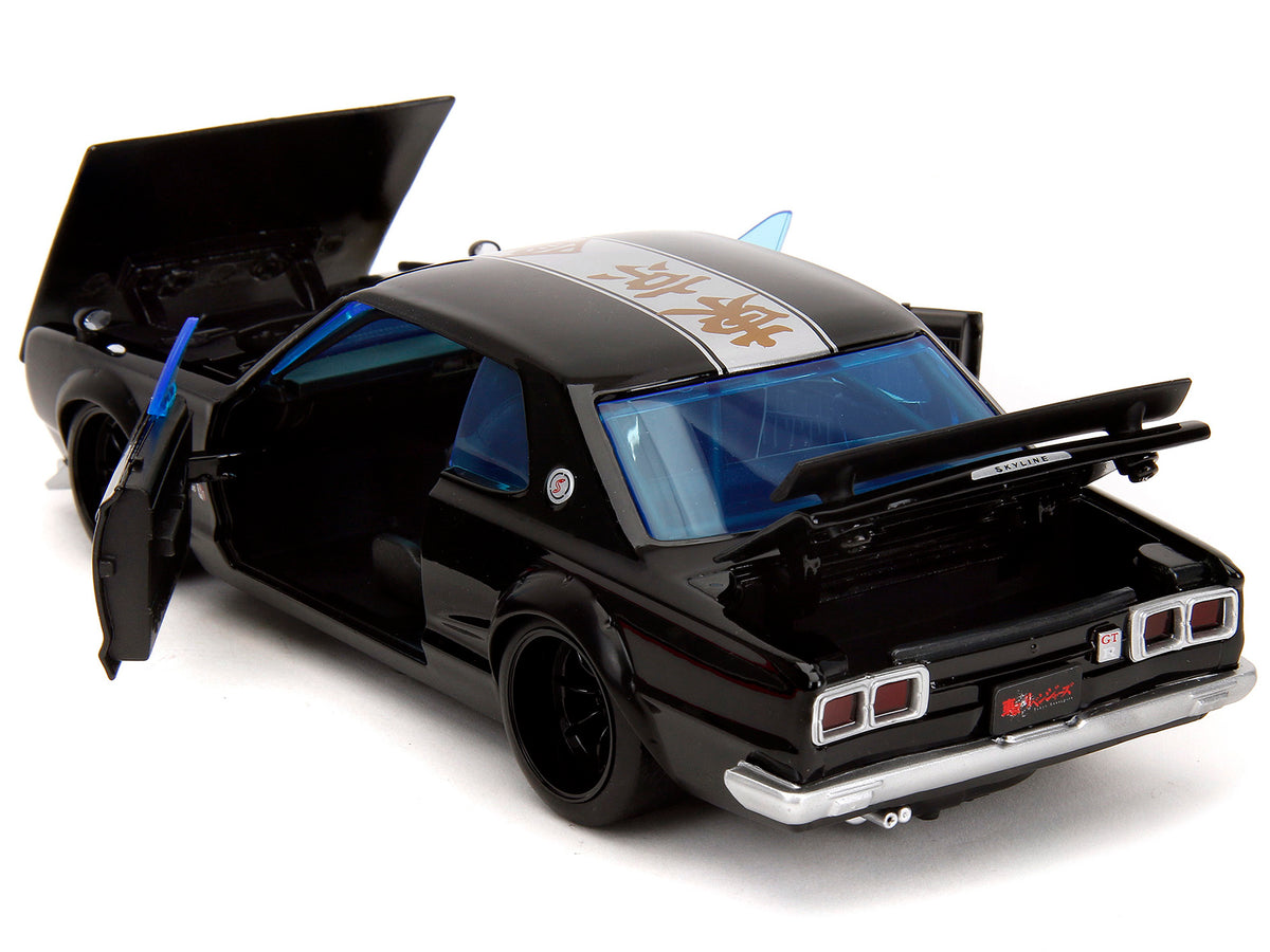 1971 Nissan Skyline GT-R RHD (Right Hand Drive) Black with Silver Stripe and Mikey Diecast Figure 'Tokyo Revengers' (2021) TV Series 'Anime Hollywood Rides' Series 1/24 Diecast Model Car by Jada