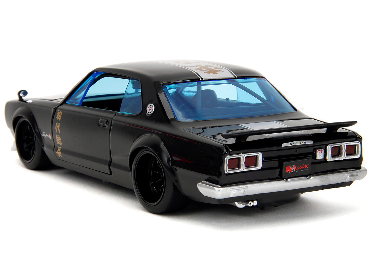 1971 Nissan Skyline GT-R RHD (Right Hand Drive) Black with Silver Stripe and Mikey Diecast Figure 'Tokyo Revengers' (2021) TV Series 'Anime Hollywood Rides' Series 1/24 Diecast Model Car by Jada