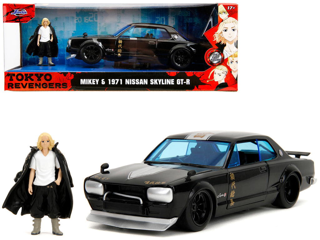 1971 Nissan Skyline GT-R RHD (Right Hand Drive) Black with Silver Stripe and Mikey Diecast Figure 'Tokyo Revengers' (2021) TV Series 'Anime Hollywood Rides' Series 1/24 Diecast Model Car by Jada